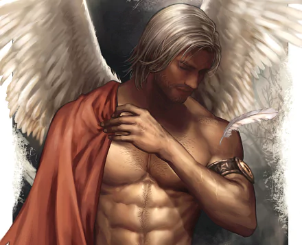 HD desktop wallpaper featuring a sad, shirtless angel with white hair and wings, draped in a red cloth, holding a feather. The image has a fantasy theme.