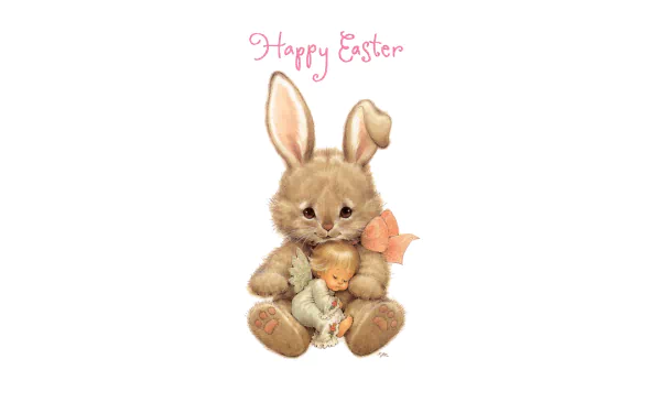 HD Easter desktop wallpaper featuring a little girl dressed as an angel holding a bunny, with Happy Easter text above.