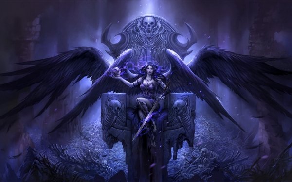 Fantasy Angel Warrior Angel Gothic Throne Sword Skull Wings Skeleton HD Wallpaper | Background Image