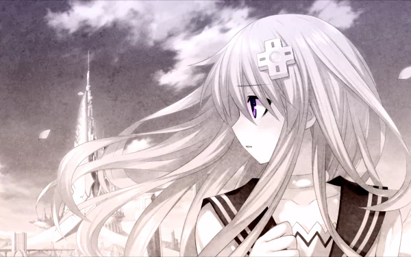 HD wallpaper of Nepgear from Hyperdimension Neptunia Victory with long flowing hair, purple eyes, and a sad expression, set against a cloudy sky background.