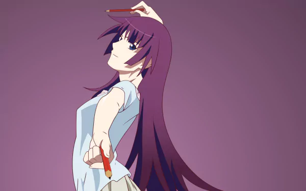 Hitagi Senjōgahara (Monogatari series) anime portrait—long purple hair, poised with outstretched arm—4K Ultra HD PC desktop wallpaper/background.