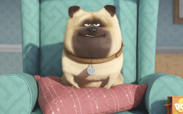 A relaxed pug character from The Secret Life of Pets sits comfortably on a patterned chair, creating a vibrant HD desktop wallpaper background.