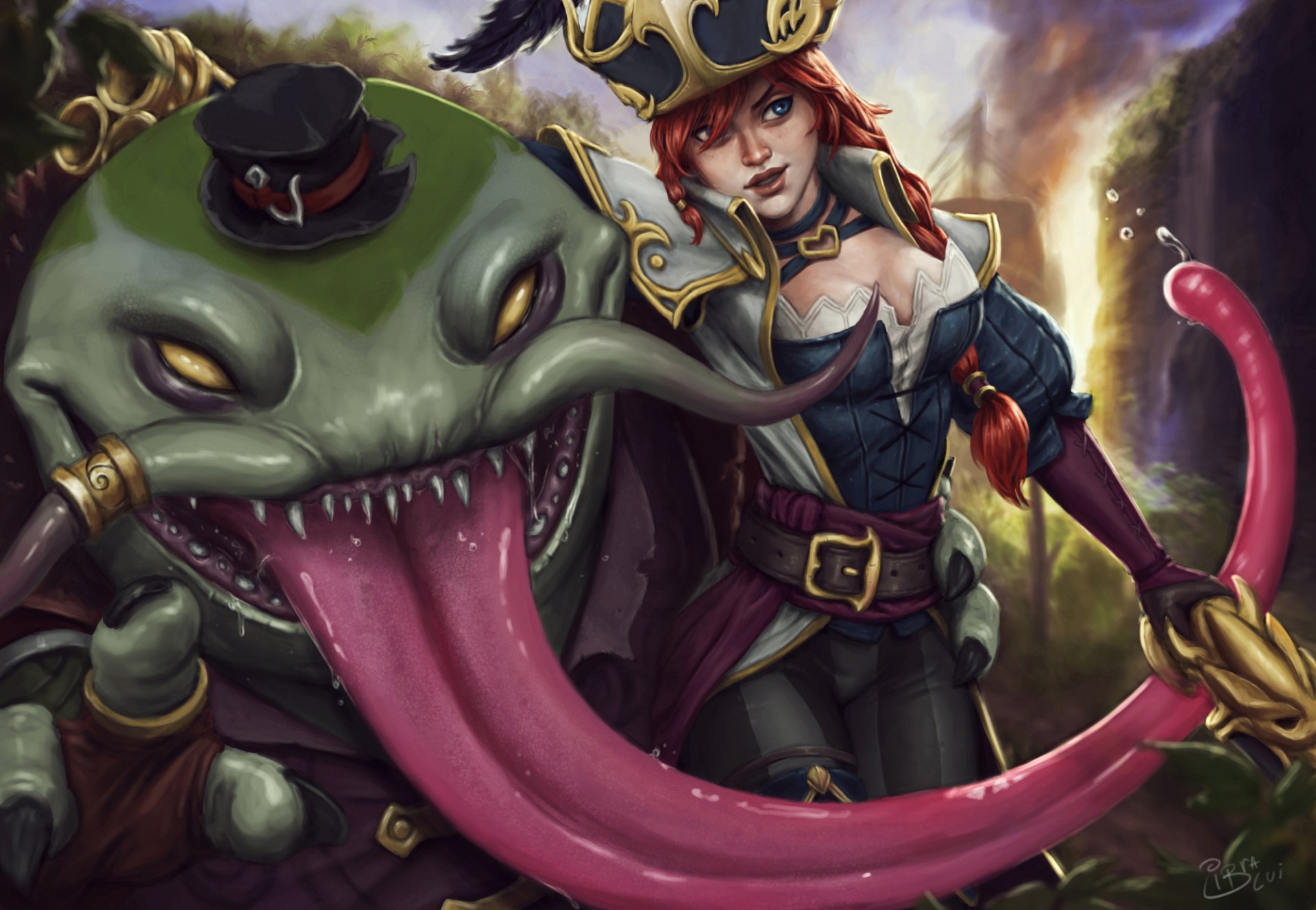HD PC desktop wallpaper featuring Tahm Kench and Miss Fortune from the video game League of Legends in a dynamic, detailed scene.