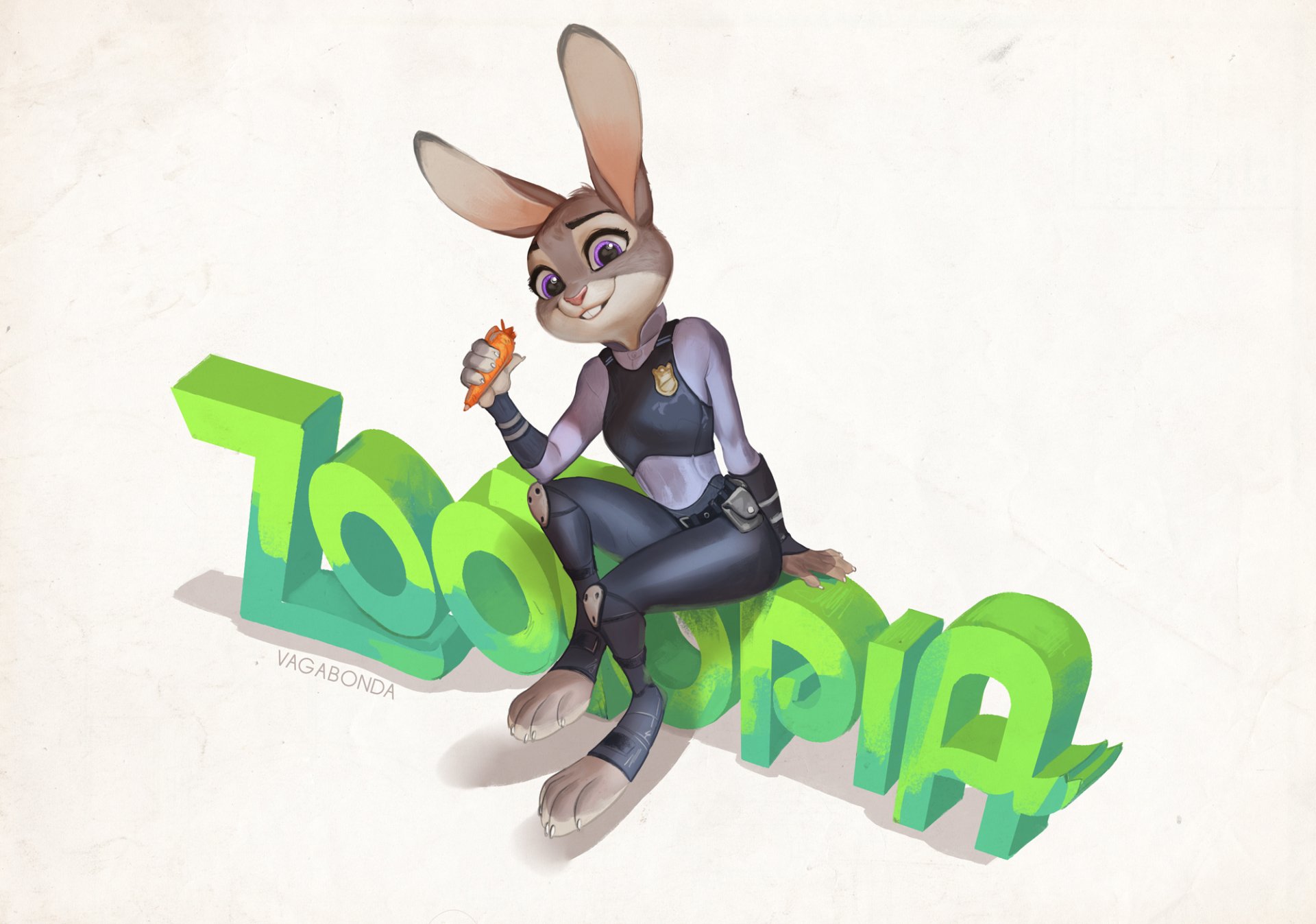 An HD wallpaper featuring Judy Hopps from the movie Zootopia, sitting playfully on the vibrant Zootopia text while holding a carrot.