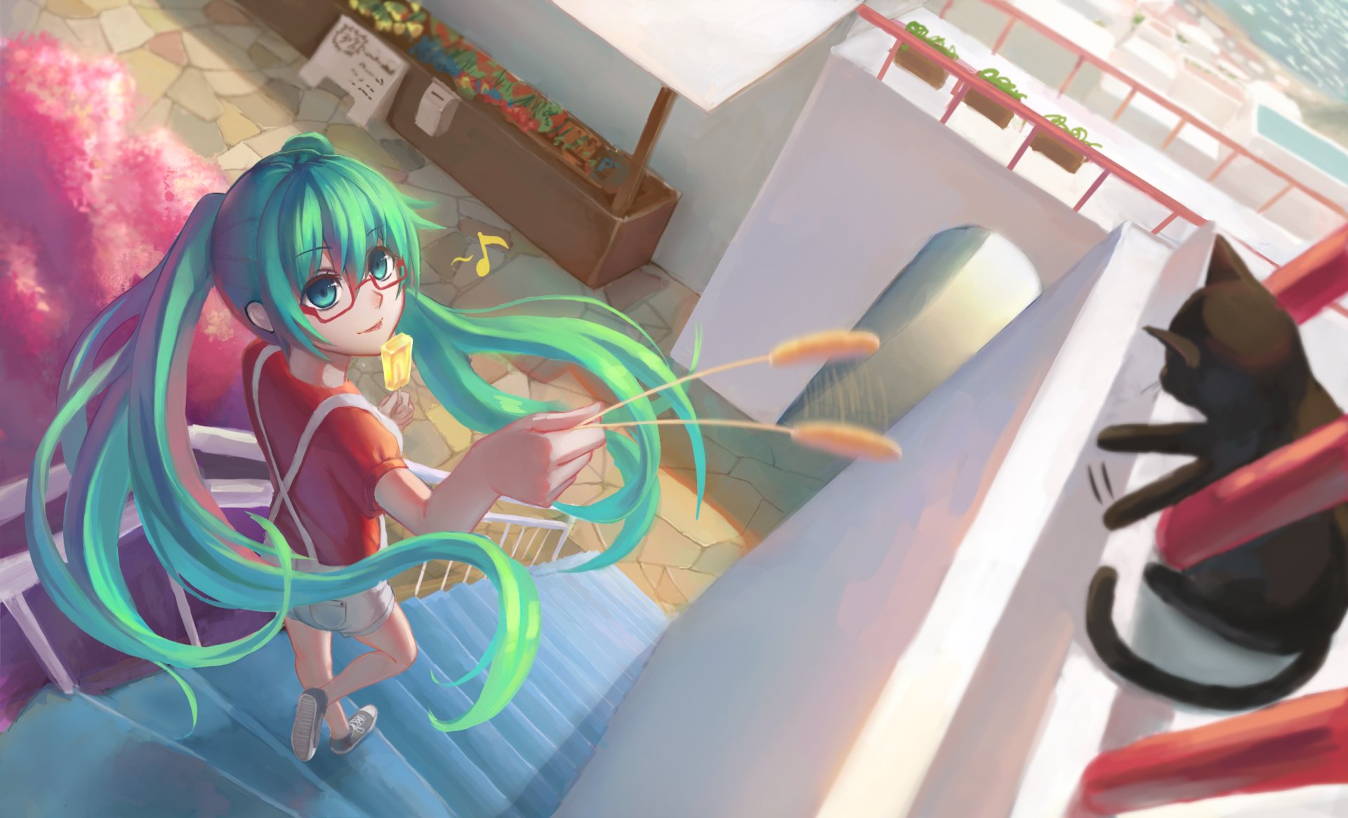 Hatsune Miku in anime style on a sunlit balcony, teal twin-tails flowing as she writes music, vibrant Vocaloid 2K Quad HD PC desktop wallpaper background.