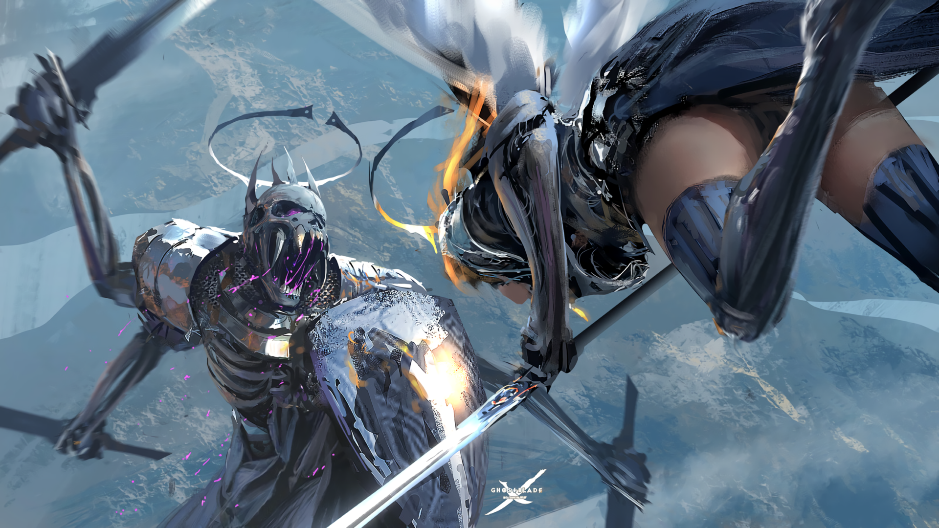 A dynamic scene from the GhostBlade comic, featuring a fierce confrontation between a robotic warrior and a striking figure, set against an expansive sky. HD desktop wallpaper.