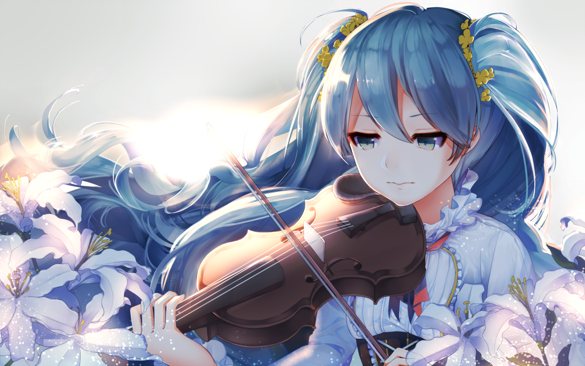 Hatsune Miku, the iconic Vocaloid character, plays the violin among blooming flowers in this vibrant anime-themed HD desktop wallpaper.
