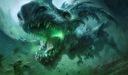 A high-definition desktop wallpaper featuring an epic fantasy battle scene with a fierce dragon roaring at a brave warrior amidst green flames and dark skies.