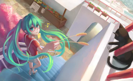 Hatsune Miku in anime style on a sunlit balcony, teal twin-tails flowing as she writes music, vibrant Vocaloid 2K Quad HD PC desktop wallpaper background.