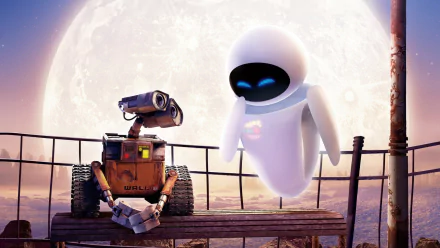 Eve and Wall·E gaze at a glowing moon in this HD wallpaper, capturing the enchanting moment from the beloved movie Wall·E.