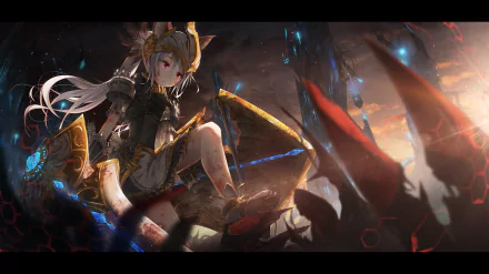 A stunning HD wallpaper featuring a character from the video game Tera, seated amidst a dramatic landscape filled with dark structures and vibrant colors.