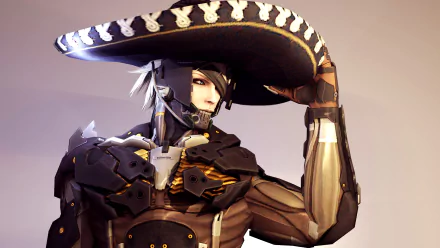 Raiden (Metal Gear) from Metal Gear Rising: Revengeance — a silver-haired cyborg in sleek armor and a wide-brimmed hat, posed against a soft backdrop as an 8K Ultra HD PC desktop wallpaper.