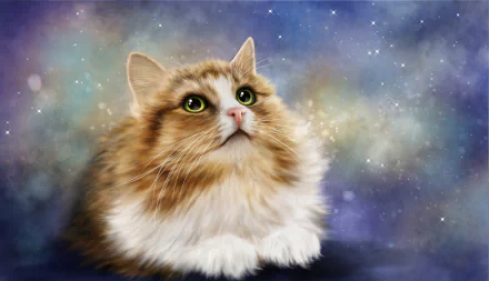 A fluffy cat with striking green eyes gazes upward against a dreamy, starry background, creating a captivating HD desktop wallpaper and background.