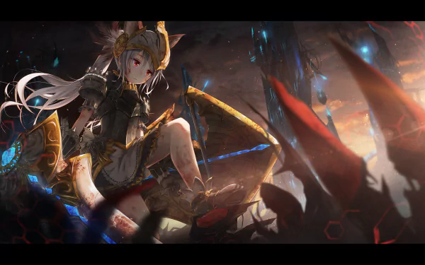 A stunning HD wallpaper featuring a character from the video game Tera, seated amidst a dramatic landscape filled with dark structures and vibrant colors.