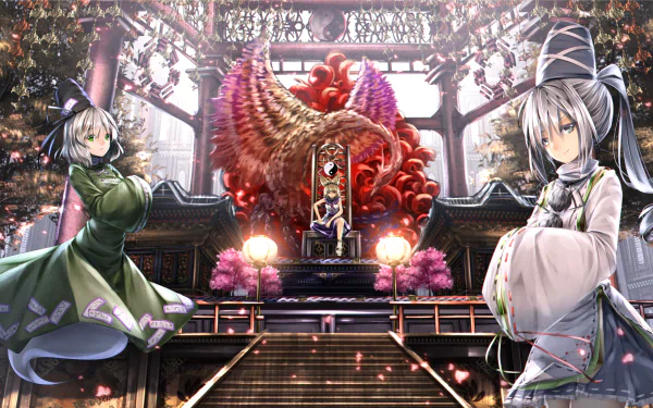 A vibrant anime scene featuring Toyosatomimi no Miko, Soga no Tojiko, and Mononobe No Futo, set against a beautifully detailed background for a HD PC desktop wallpaper.