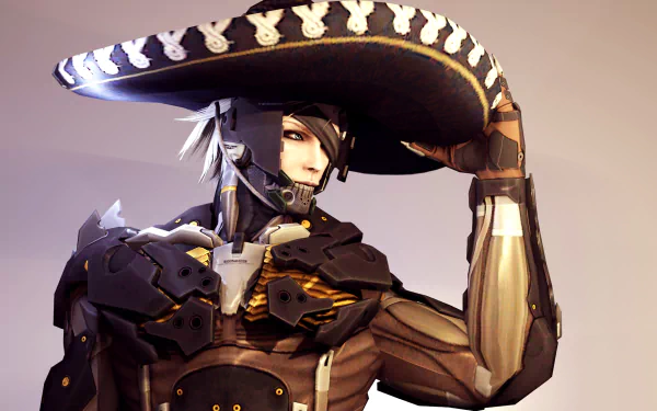 Raiden (Metal Gear) from Metal Gear Rising: Revengeance — a silver-haired cyborg in sleek armor and a wide-brimmed hat, posed against a soft backdrop as an 8K Ultra HD PC desktop wallpaper.