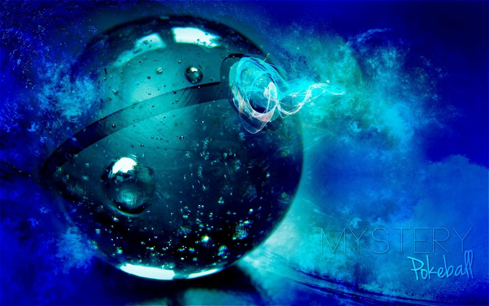 A vibrant HD desktop wallpaper featuring a stylized Pokéball surrounded by swirling blue mist and bubbles, embodying the essence of anime and the Pokémon universe.