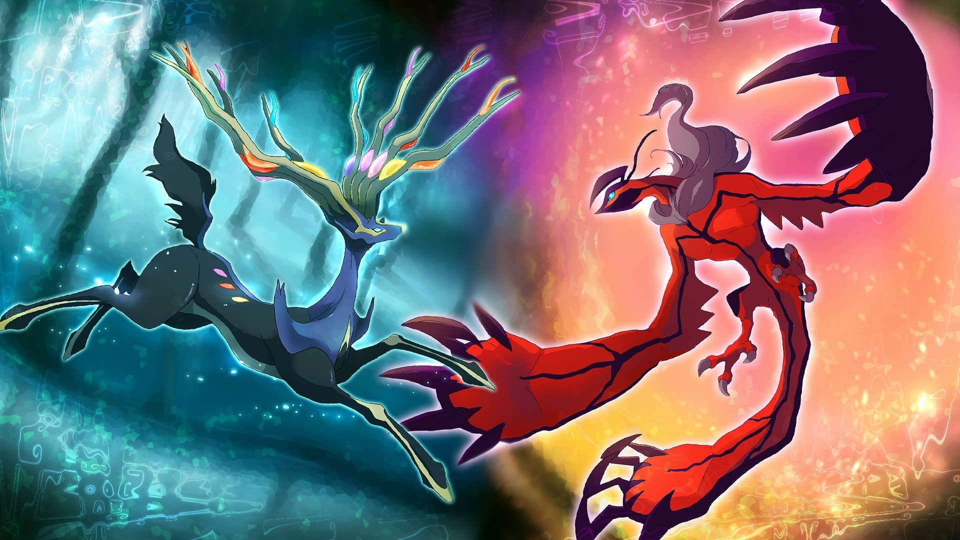 Vivid HD wallpaper featuring iconic Pokémon Xerneas and Yveltal, set against a dynamic background of contrasting colors, blending anime style with a captivating design.