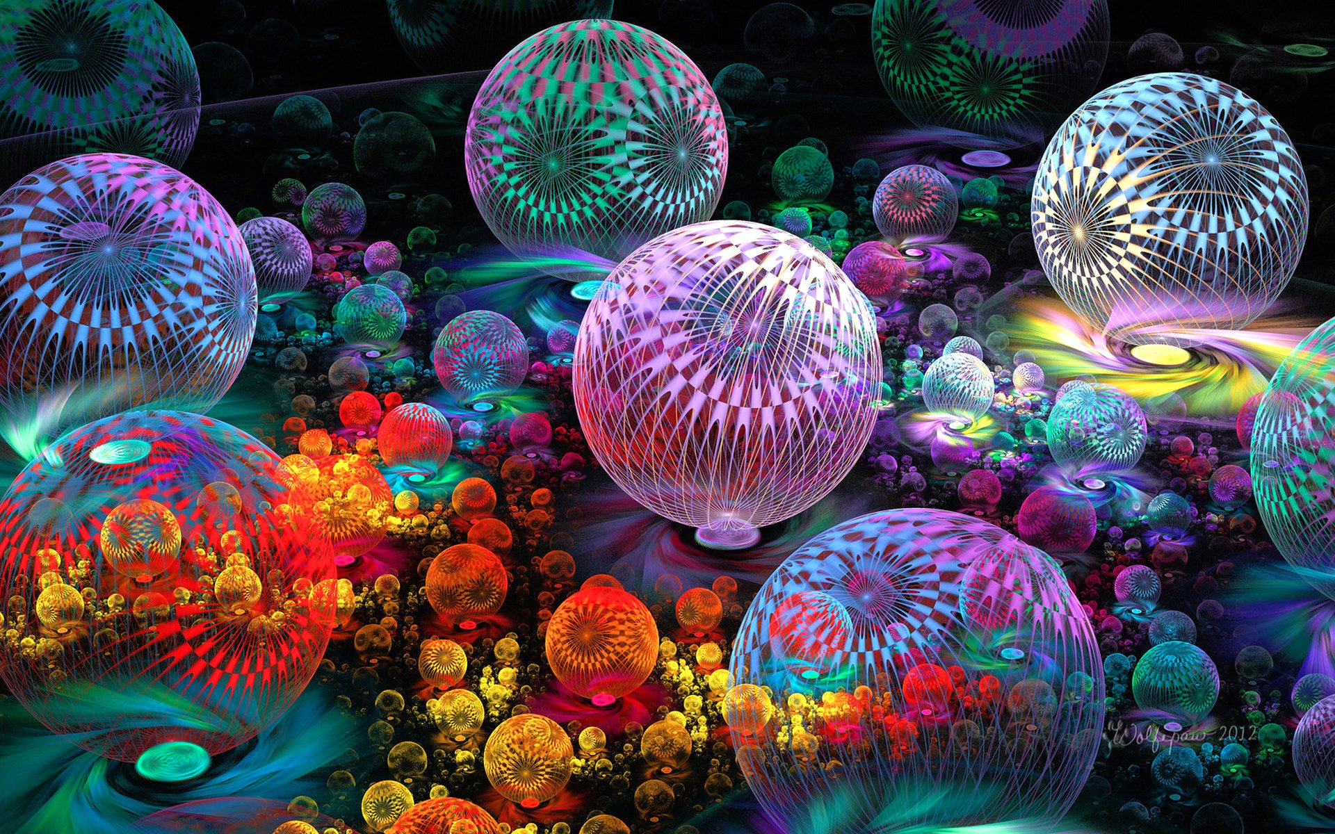 Vibrant HD PC desktop wallpaper featuring colorful fractal balls with intricate patterns, creating an abstract and visually dynamic background.