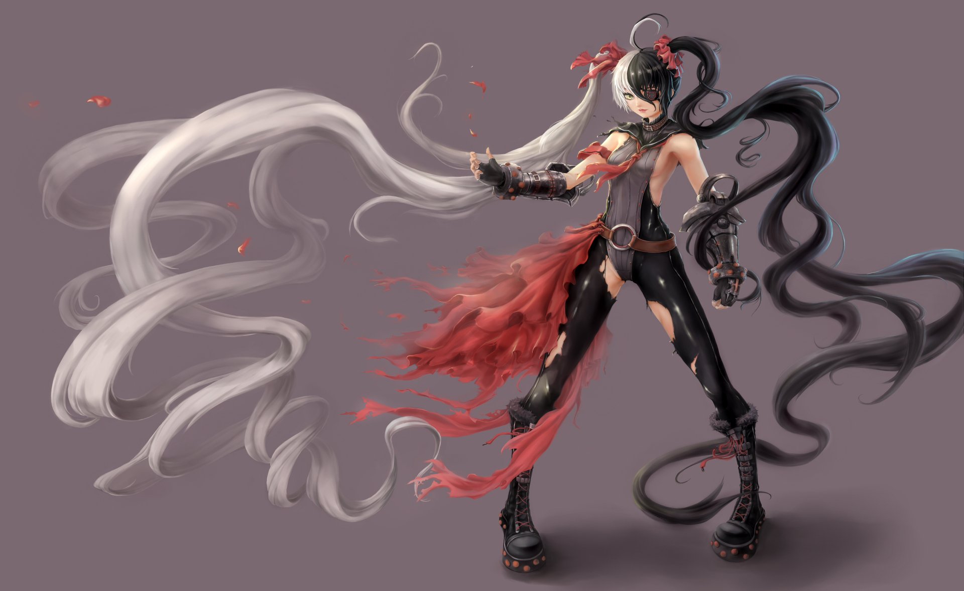 HD PC desktop wallpaper featuring Pohwaran from the video game Blade & Soul, showcasing her dynamic pose with flowing black and white ribbons and red accents.