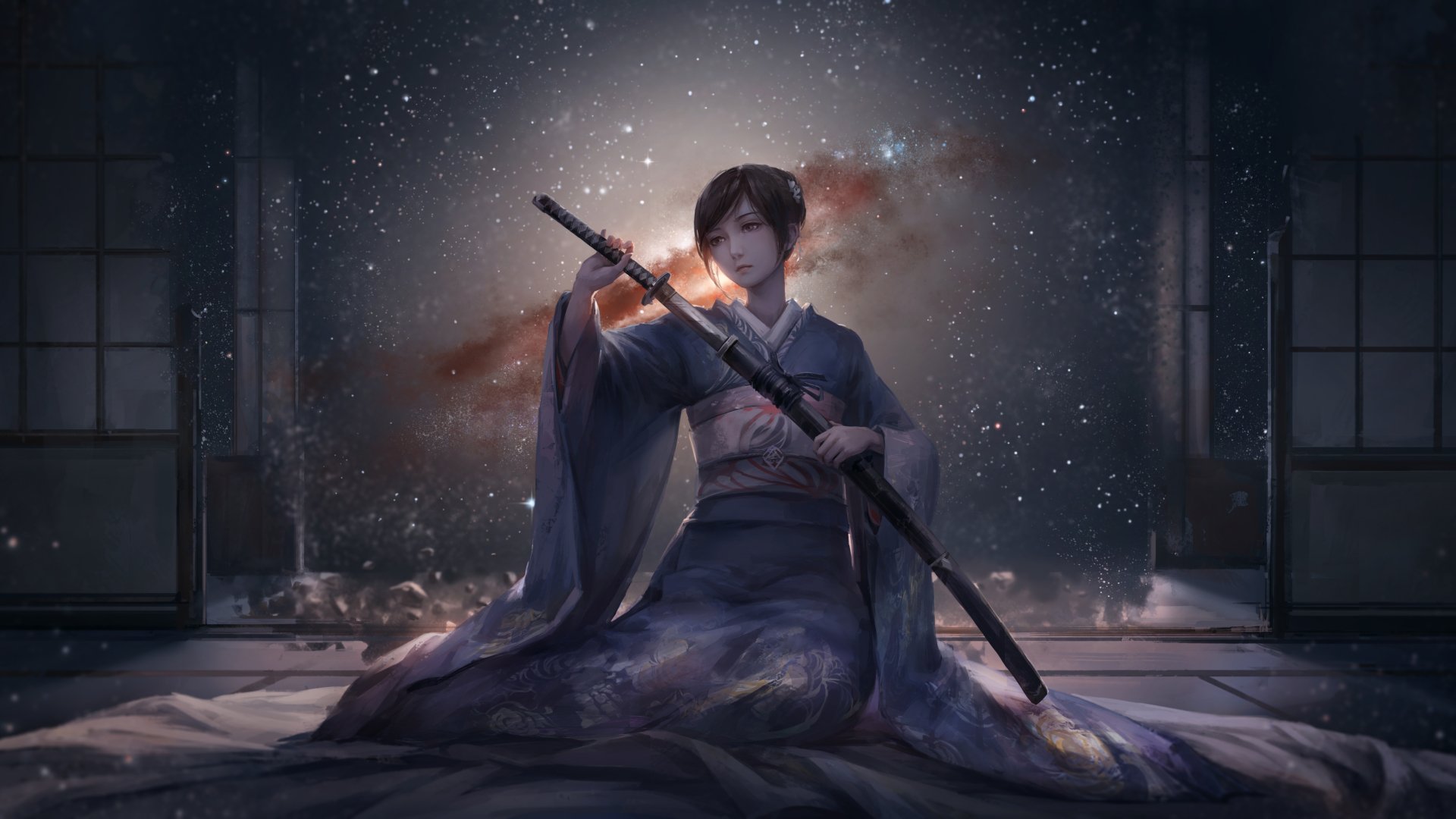 HD wallpaper depicting an Asian woman warrior in a stunning kimono, holding a sword. She's set against a starry fantasy background, exuding strength and serenity.