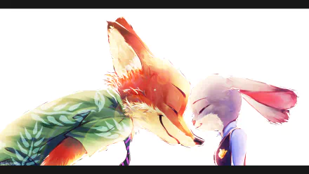 HD desktop wallpaper featuring Nick Wilde and Judy Hopps from the movie Zootopia, sharing a tender moment with their heads touching against a white background.