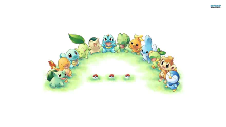 A vibrant HD desktop wallpaper featuring iconic Pokémon characters, arranged in a cheerful circle on a grassy background, celebrating the joy of anime and Pokémon fandom.