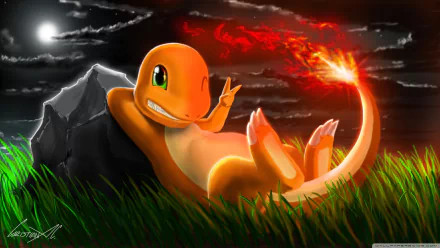 HD desktop wallpaper featuring an anime-style Charmander from Pokémon, relaxing against a rock with a fiery tail glowing in the grass under a moonlit, cloudy sky.