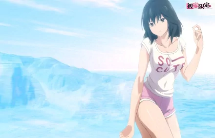 HD desktop wallpaper featuring Yamamoto Misaki from the anime First Love Limited, posing by a serene, blue water background, dressed casually in a SO CUTE t-shirt and shorts.