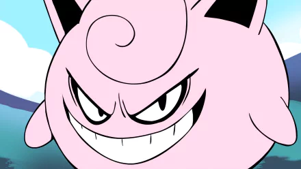 HD desktop wallpaper featuring a close-up of an angry Jigglypuff from Pokémon with a mountainous background.