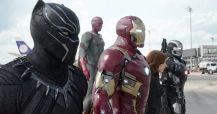 A HD wallpaper featuring Black Panther, Vision, Iron Man, Black Widow, and War Machine from Marvel's Captain America: Civil War movie.