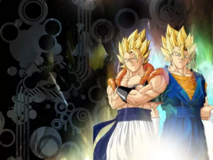 A dynamic HD desktop wallpaper featuring iconic characters from Dragon Ball Z, showcasing striking golden-haired warriors against a vibrant, patterned background.