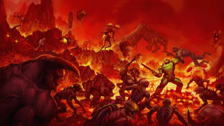 HD desktop wallpaper featuring Doomguy battling various creatures in a fiery and chaotic landscape from the video game Doom (2016).