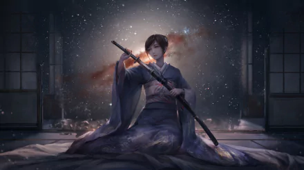 HD wallpaper depicting an Asian woman warrior in a stunning kimono, holding a sword. She's set against a starry fantasy background, exuding strength and serenity.