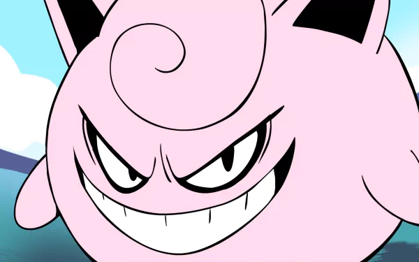HD desktop wallpaper featuring a close-up of an angry Jigglypuff from Pokémon with a mountainous background.