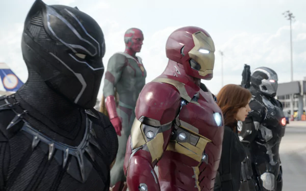 A HD wallpaper featuring Black Panther, Vision, Iron Man, Black Widow, and War Machine from Marvel's Captain America: Civil War movie.