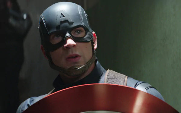 HD desktop wallpaper featuring Chris Evans as Captain America from the movie Captain America: Civil War, showcasing him wearing his iconic suit and holding his shield.