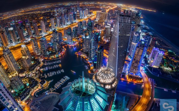 Man Made Dubai Cities United Arab Emirates City Aerial Night Cityscape Skyscraper Light HD Wallpaper | Background Image
