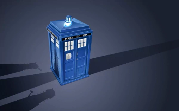 HD desktop wallpaper of the TARDIS from the TV show Doctor Who (2005), casting a long shadow under a blue light.