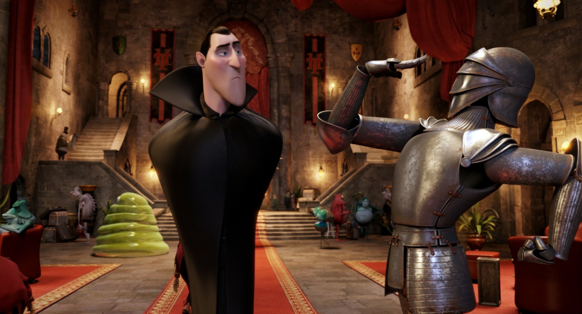 HD PC desktop wallpaper featuring Dracula from Hotel Transylvania inside the castle, with a knight in armor and gothic interior details from the Hotel Transylvania movie.