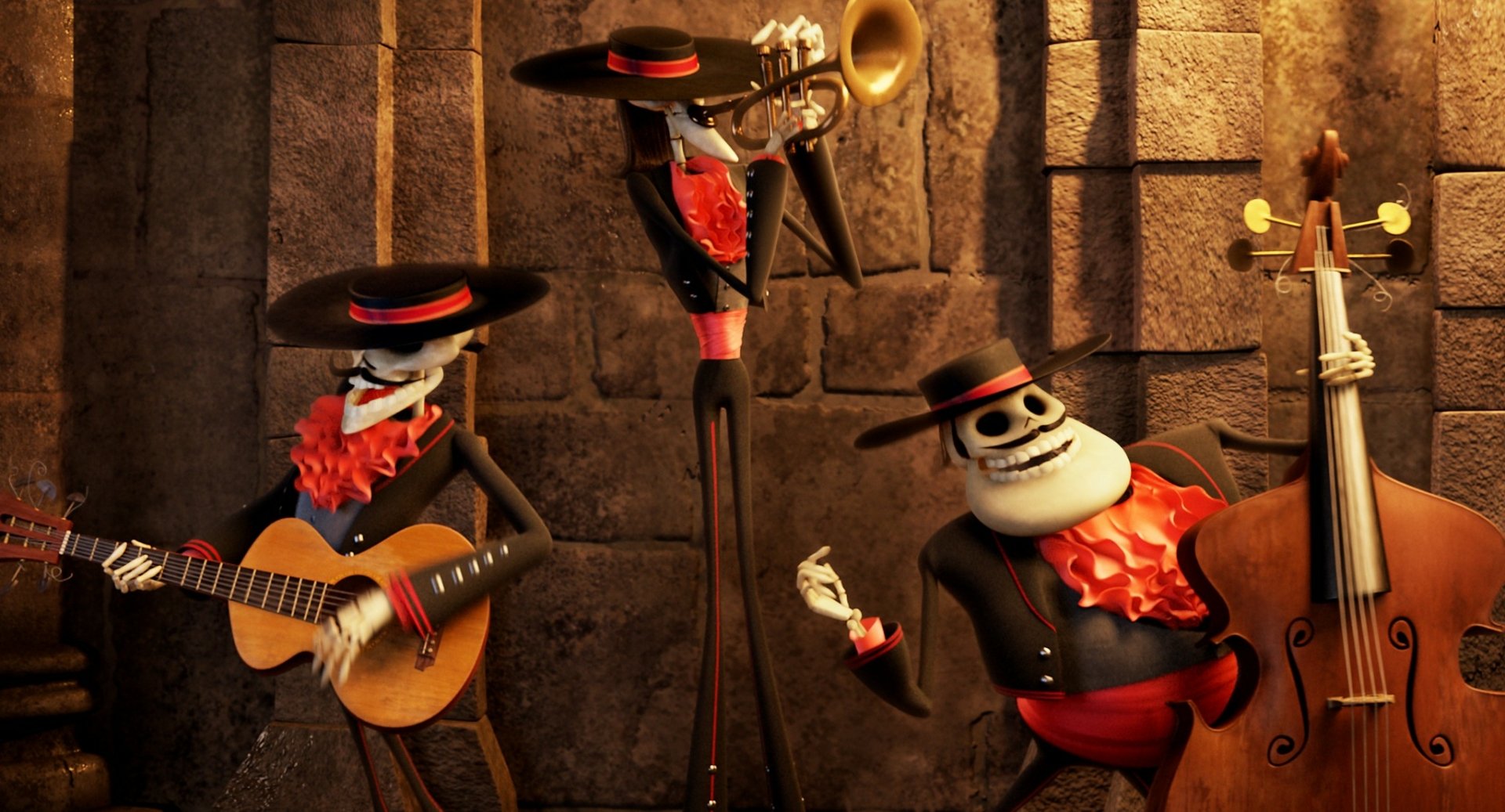 HD PC desktop wallpaper featuring characters from the movie Hotel Transylvania playing musical instruments against a stone wall background.