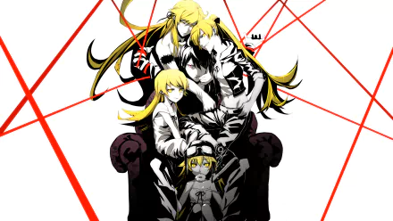 HD desktop wallpaper featuring characters Kiss-shot Acerola-orion Heart-under-blade, Shinobu Oshino, and Koyomi Araragi from the Monogatari series, with black hair and intricate red lines in the background.