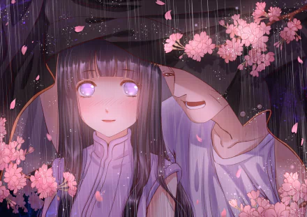 HD desktop wallpaper featuring Hinata Hyuga and Naruto Uzumaki from the anime Naruto. The scene is set in the rain with cherry blossoms, and Hinata is blushing while Naruto stands close under an umbrella.