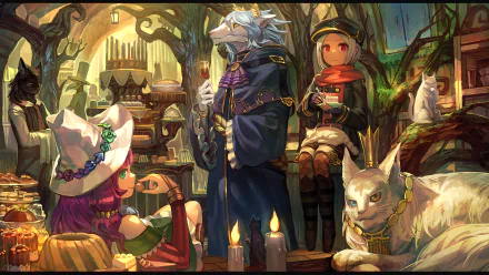 A whimsical anime scene featuring characters in a cozy room with a cat, cake, and candles, surrounded by enchanting decor and a magical atmosphere.