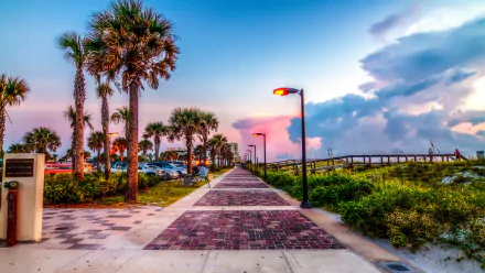 A vibrant HDR image capturing a scenic street in Jacksonville, Florida, lined with palm trees and illuminated by street lamps at sunset, showcasing the beauty of man-made walkways.