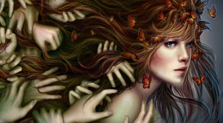 A fantasy-themed HD desktop wallpaper featuring a close-up profile of a woman with blue eyes, surrounded by hands and fluttering butterflies woven into her flowing hair.