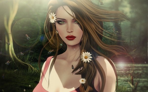 Fantasy Women Forest Flower Brunette Green Eyes HD Wallpaper | Background Image