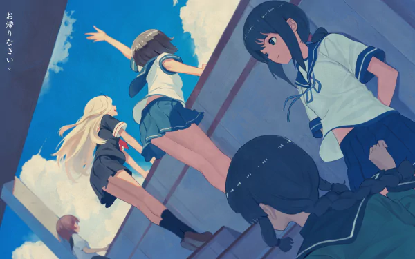 HD anime desktop wallpaper of Kantai Collection fleet girls — Yuudachi, Mutsuki, Miyuki, Kitakami, and Fubuki — in sailor uniforms on sunlit stairs against a blue sky.