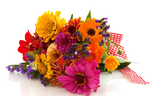 A vibrant bouquet of pink, purple, red, orange, and yellow zinnia and gerbera flowers with a red gingham ribbon, presented as a 4K Ultra HD desktop wallpaper.