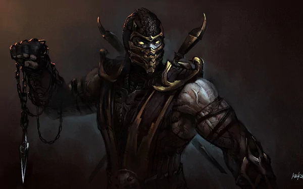 HD desktop wallpaper featuring Scorpion from Mortal Kombat, poised for battle in a dark setting.